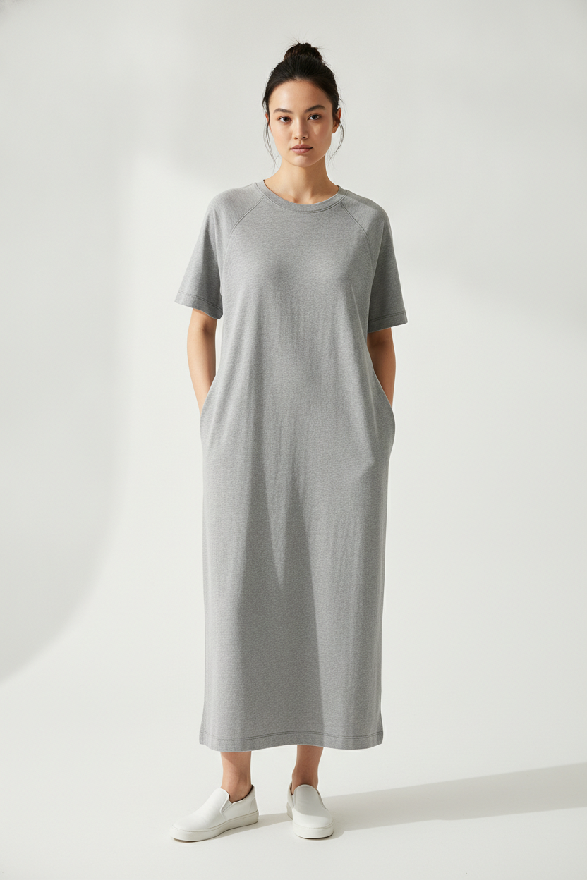 Relaxed minimalist t-shirt dress in a neutral studio