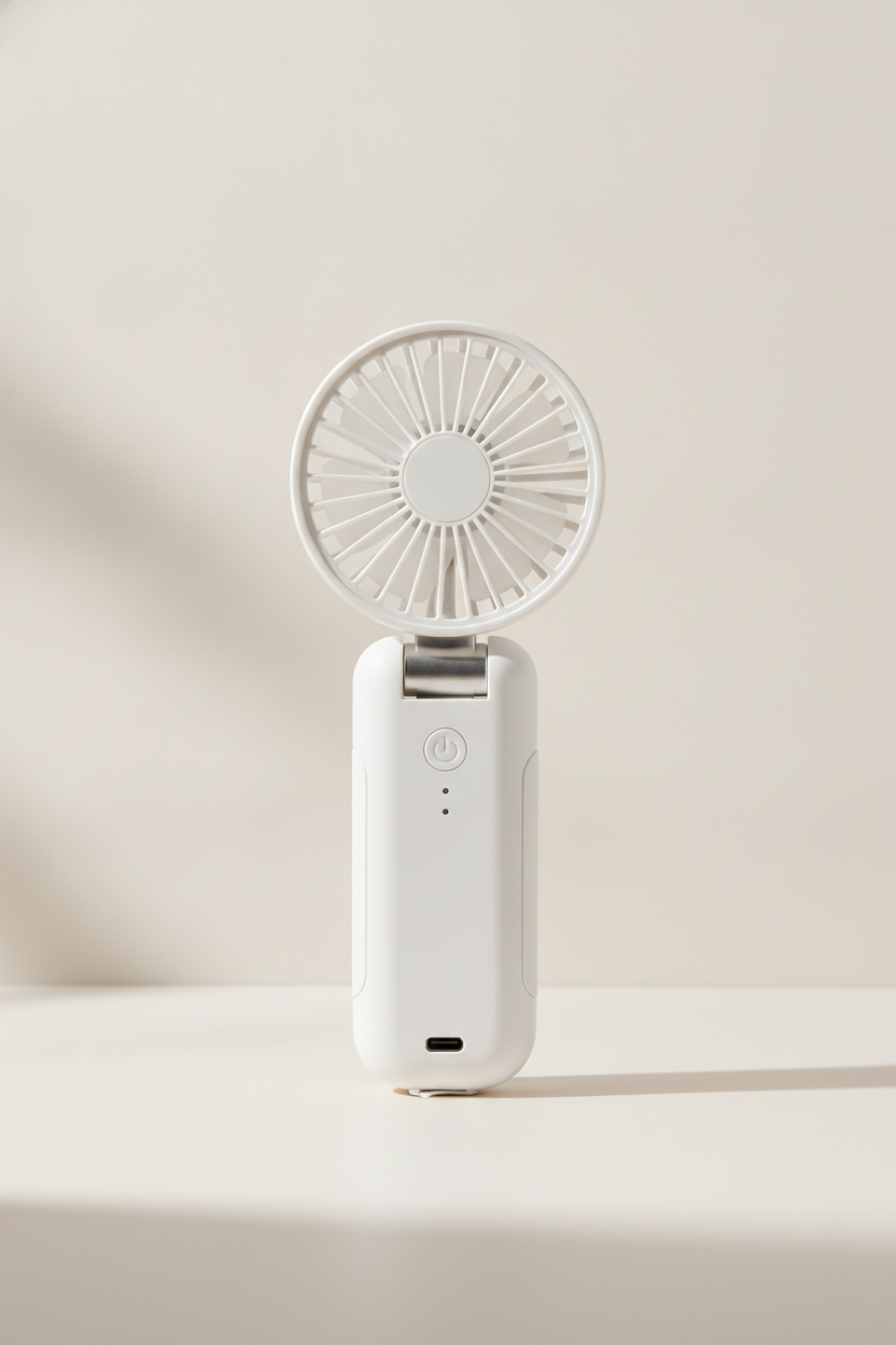 Foldable handheld mini fan with compact design in a minimalist studio