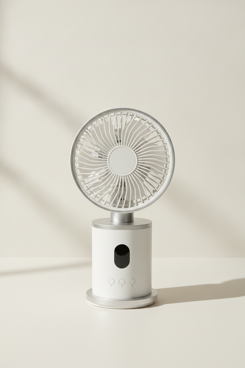 High-power turbo mini fan in a minimalist studio setting