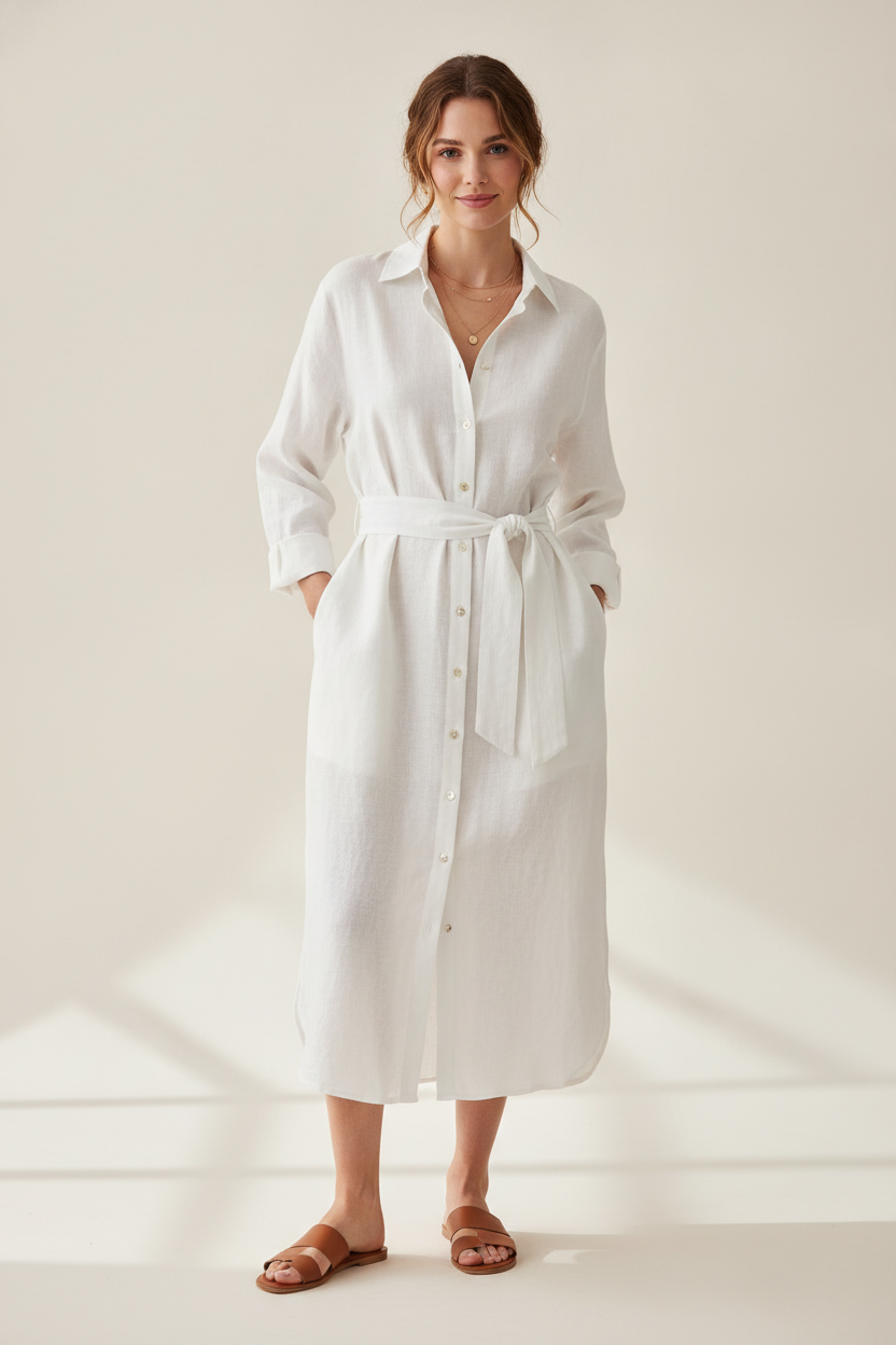 Breezy linen shirt dress styled minimally in studio
