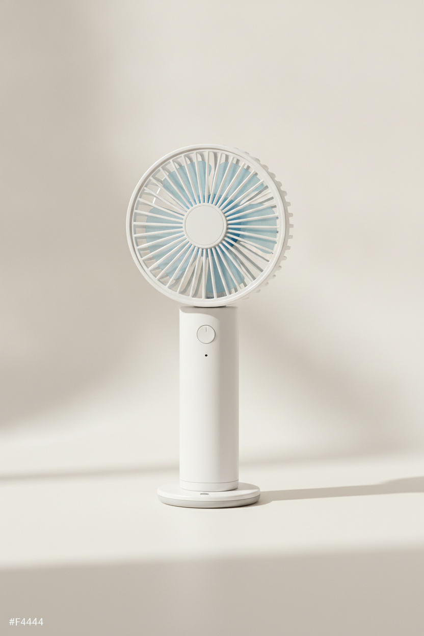 Compact pocket-size rechargeable mini fan in a clean studio setting