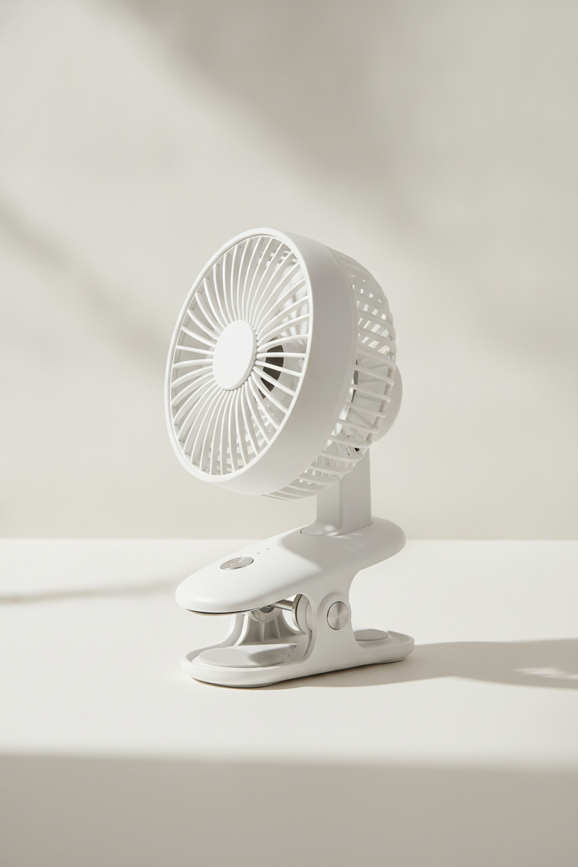 Clip-on portable mini fan with clamp base in a neutral studio