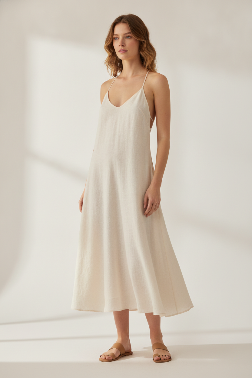 Airy minimal midi cami dress in neutral studio lighting