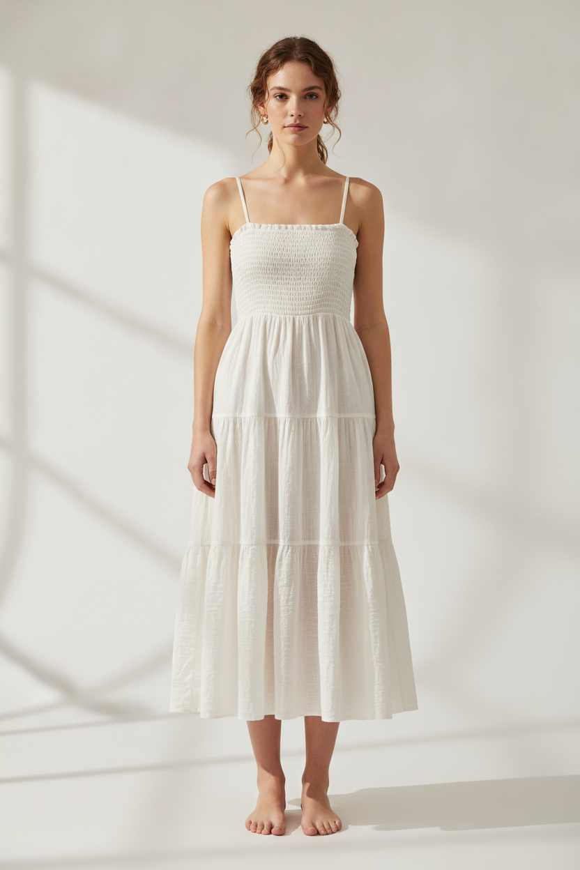 Tiered cotton midi sundress in an airy minimal studio