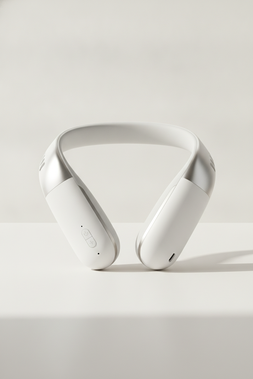Wearable neck mini fan in a clean minimalist studio