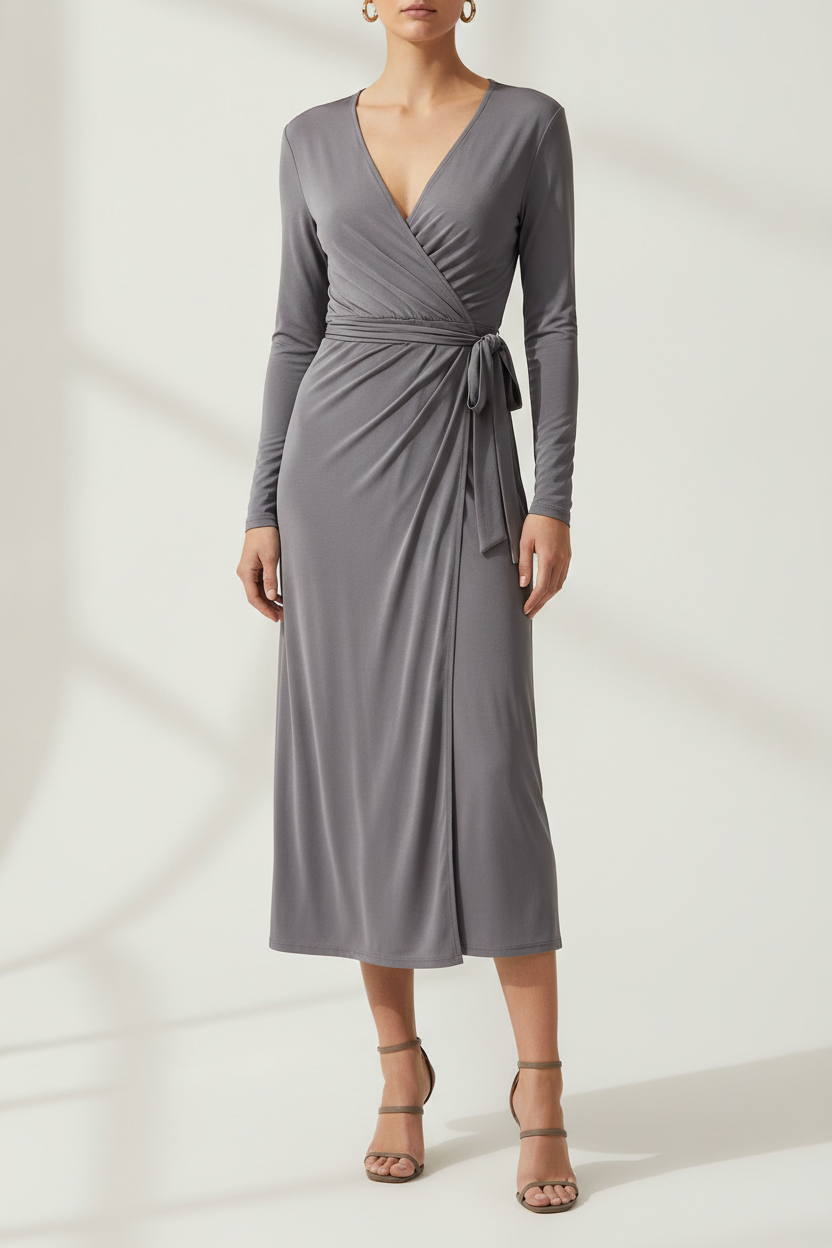 Sleek wrap midi dress in a clean minimal setting